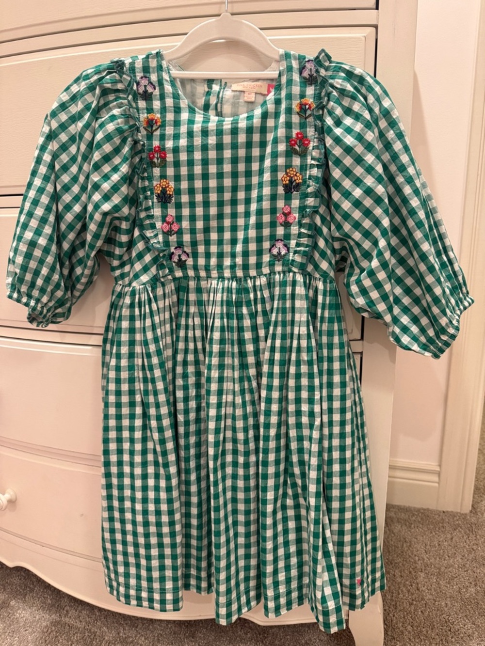 Pink Chicken 10 Green & White Gingham Embroidered Puff-Sleeve Dress